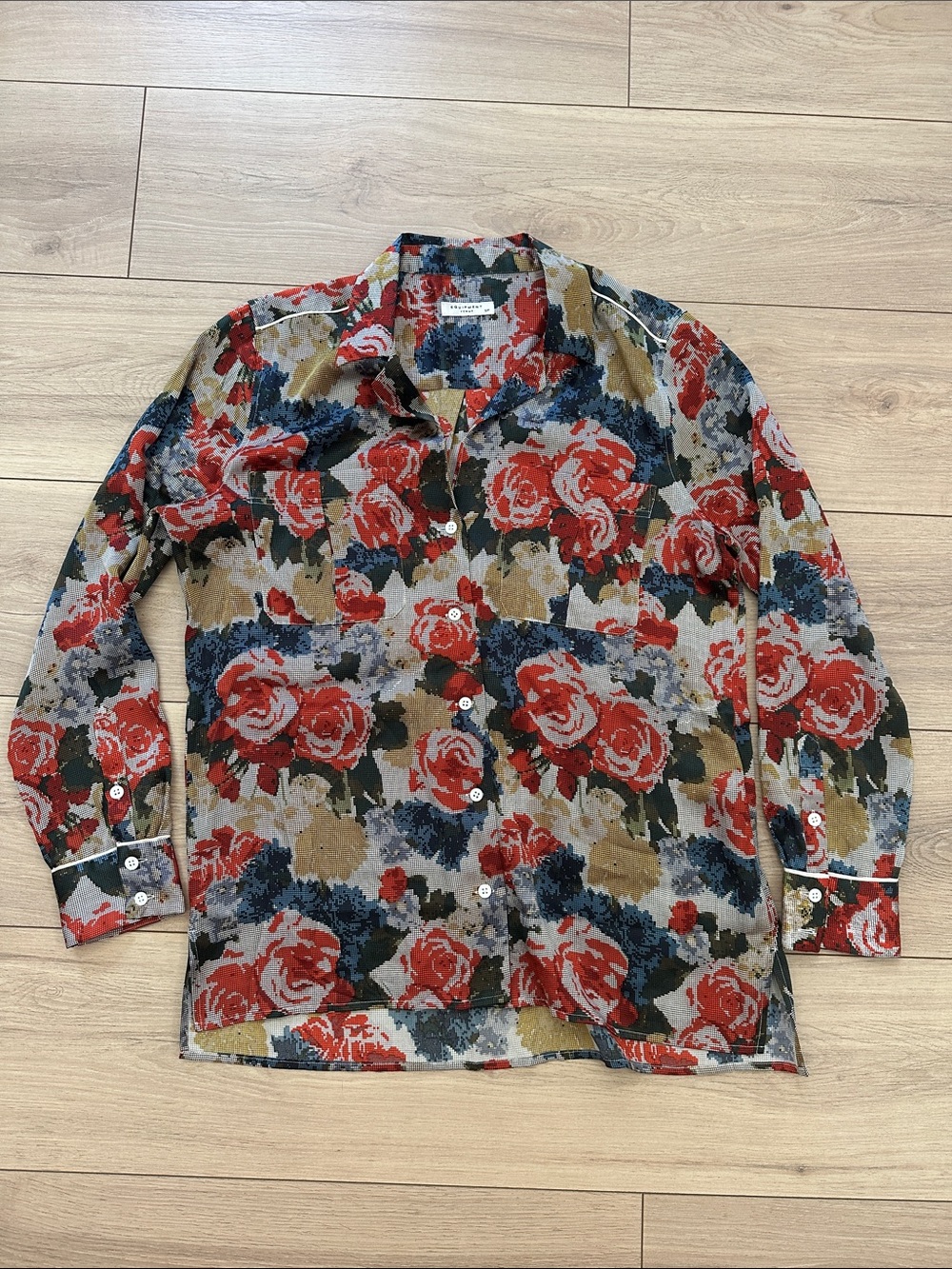 Equipment Floral Button-Up Long-Sleeve Shirt Jacket in Red Multicolor